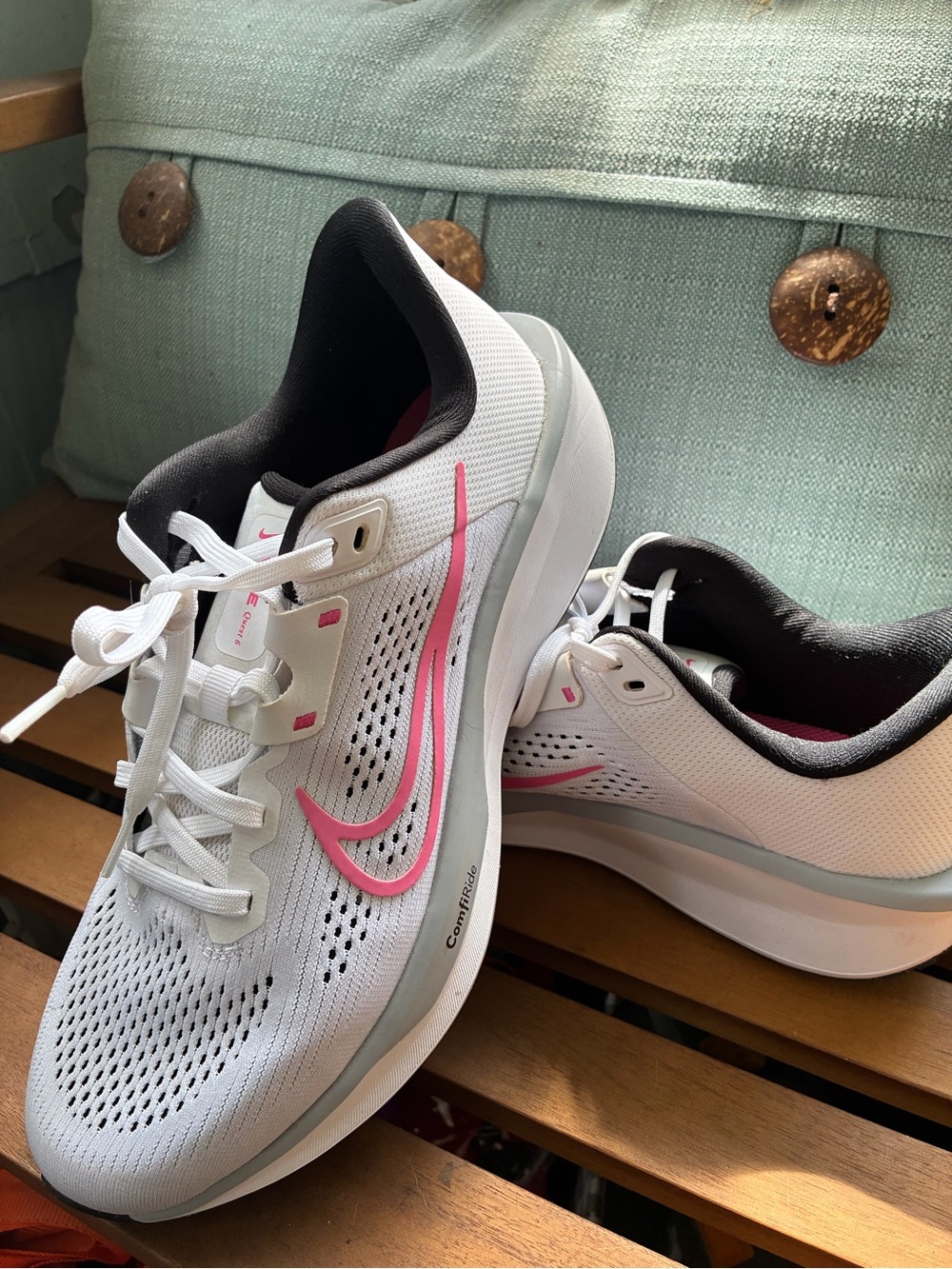 Nike Women's White Sneakers with Pink Swoosh